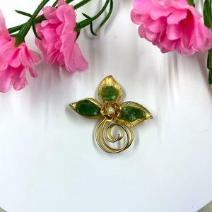 Genuine Jade and Pearl Vintage Gold Toned Abstract Brooch